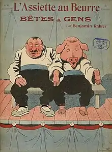  Drawing of two figures on a sofa under the written headline Bêtes et gens, meaning in English "Man and Beast"; one is a mustachioed man and the other a pig dressed in human clothing; the man's arm is stretched out and resting on the pig's far shoulder