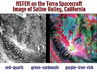 Two maps of the same area on Earth. The left one is grayscale, while the right one is false-color and shows the distributions of quartz (red), carbonate minerals (green), and iron-rich minerals (purple).