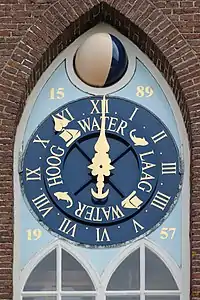Arnemuiden clock showing high and low water(hoog and laag)