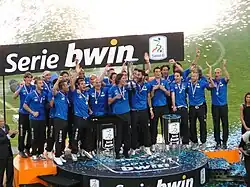 Atalanta team celebrating its Serie B triumph in 2011