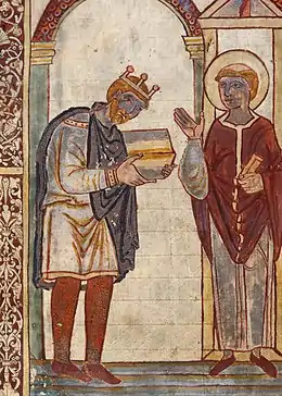 Image 16Frontispiece of Bede's Life of St Cuthbert, showing King Æthelstan presenting a copy of the book to the saint himself. c. 930 (from History of England)