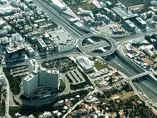 Aerial view of an A6 interchange north of Athens, Greece