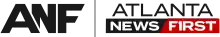 At left, the black letters A, N, and F in a sans serif, with the A overlapping and cutting off the N and the F having a diagonal cut. A vertical line separates this from the words "Atlanta News First" in all caps in a wide sans serif. Atlanta is in black and on top. The words NEWS and FIRST are in black and red boxes. The capital I in FIRST is stylized like the number 1.