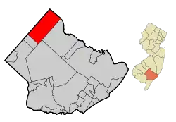 Location of Hammonton in Atlantic County highlighted in red (left). Inset map: Location of Atlantic County in New Jersey highlighted in orange (right).