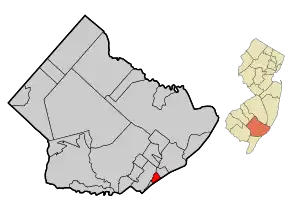 Map of Margate City in Atlantic County. Inset: Location of Atlantic County highlighted in the State of New Jersey.