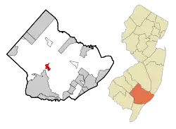 Location of Mays Landing in Atlantic County highlighted in red (left). Inset map: Location of Atlantic County in New Jersey highlighted in orange (right).