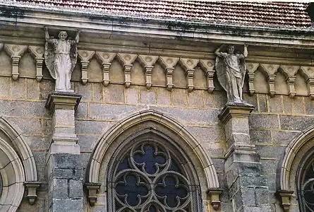 Neo-Gothic angelic atlantes on the Cathedral of Saint Peter of Alcantara, Petrópolis, Brazil, designed by Francisco Caminhoá, 1884–1925