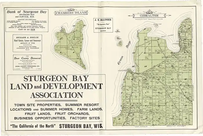 1914 Sturgeon Bay real estate advertisement.In 1914 the Door County News reported about the variety and quality of fruit at the county fair and editorialized, "No wonder they call Door county the California of the North for surely little Door is one of the keenest rivals that the state of California will ever have...Of all the names that have been applied to Door county this exhibit would pick or force most of us to say that Door county is The Garden of Eden of the United States." In the early 1900s, "California of the North" was the title of a poem by Jens Jacobsen.