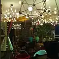 Vintage atom-shaped ceiling light fixtures.