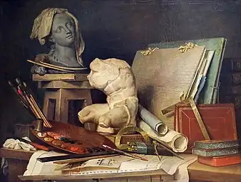 The Attributes of the Arts; by Anne Vallayer-Coster; 1769; oil on canvas; 90 x 121 cm; Louvre
