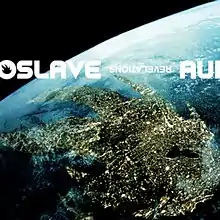 An angled view of a blue planet from space with a landmass shaped like Audioslave's flame logo