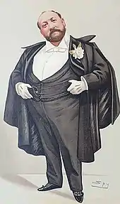 caricature of rotund white man, middle-aged in appearance, in formal evening wear. He is balding and neatly bearded and moustached