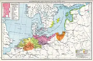 Northern Europe in the 1400s, showing the extent of the Hanseatic League