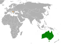 Map indicating locations of Australia and Serbia