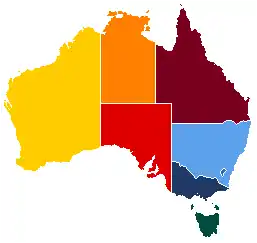Map of Australia with each State/Territory shaded in their main jumper colour