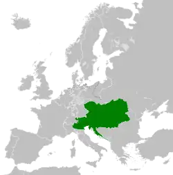 The Austrian Empire in 1815, with the boundaries of the German Confederation in dotted lines