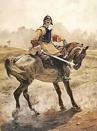 Austrian cuirassier from the war of the Spanish succession with lobster-tailed helmet and buff coat