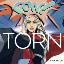 An animated cartoon of Max wearing her superhero costume from the music video is seen with the song's title written underneath in white text. The words POW are seen in a turquoise comic book-styled font above Max's head