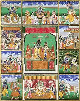 Image 4The ten avatars of Vishnu, (Clockwise, from top left) Matsya, Kurma, Varaha, Vamana, Krishna, Kalki, Buddha, Parshurama, Rama and Narasimha, (in centre) Radha and Krishna. Painting currently in Victoria and Albert Museum. (from Hindu deities)