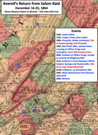 map showing Union troop movements through mountainous region of western Virginia and West Virginia
