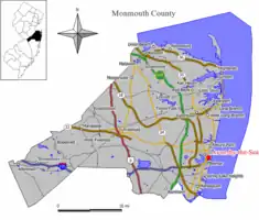 Location of Avon-by-the-Sea in Monmouth County highlighted in red (right). Inset map: Location of Monmouth County in New Jersey highlighted in black (left).