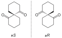 Axially chiral enantiomers of an isomeric pair of spiro compounds.