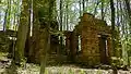 Abandoned cabin ruins found along Axsom Branch Trail near Monroe Reservoir shore.