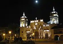 The cathedral at night.