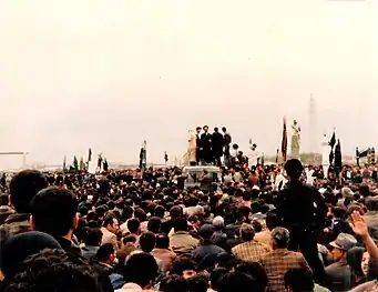 Pishvai giving a speech in his hometown of Bandar-e Anzali