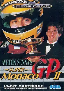 Ayrton Senna wearing his racing helmet in the background, and a separate image of him holding a trophy in the foreground