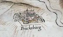 Drawing of Bückeburg along the Weser in 1520 during the Hildesheim Diocesan Feud, Drawing by Johannes Krabbe