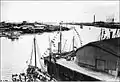 View across the Port River towards McLaren Wharf (circa 1924 to 1927) The six masted ship on the right is probably the American lumber schooner, the Dorothy H. Sterling (originally Oregon Pine).