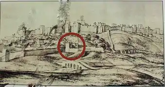 View of Badajoz drawn by Pier Maria Baldi in 1668. The Merida Gate was then in its former position