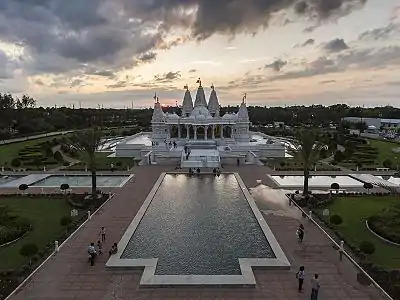 Mandir and the reflection pond (front, aerial view)