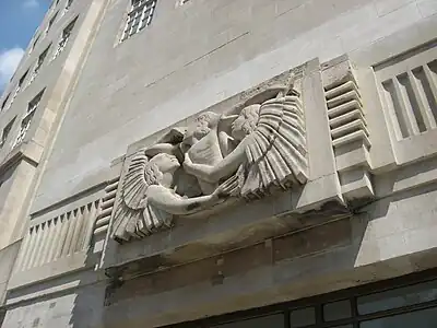 Aerial between Wisdom and Gaiety by Eric Gill, façade of BBC Broadcasting House, London, UK (1932)