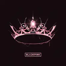 The group's logo in pink font under a shining pink crown against a stark black background.