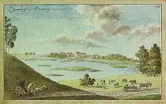 Lake, which was drained, was located near Seja manor. Drawing by Johann Christoph Brotze in 1794