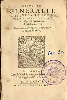 Title page of the 1577 edition of Martin Fumee's French Language translation of Historia general de las Indias