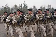 Members of the Chilean army with a Galil ACE-N 22 marching across the parade field on a military base in Santiago, Chile