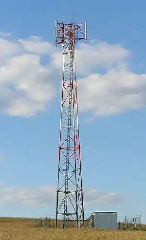 A BTS tower. The antenna is on top and the shelter housing the BTS on the right