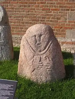 Medieval sculpture, so-called "stone baba", used to stand on the border of Mózgowo and  Laseczno. Today in Gdańsk, Muzeum Archeologiczne