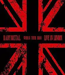 The Union Jack in a red color on a black background, with the words "BABYMETAL", "WORLD TOUR 2014", and "LIVE IN LONDON" written across the center.