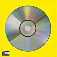 The underside of an optical disc on a yellow background. The image quality is degradated. The Parental Advisory logo is placed on bottom-left.