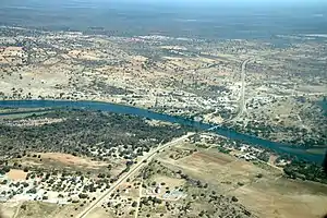 Aerial view of Bagani with Okavango-Bridge