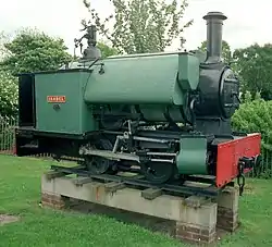 Cliffe Hill Mineral Railway locomotive Isabel, preserved on a plinth in Stafford in 1974. Now running at Amerton Railway.