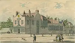 A watercolour painting showing the exterior of Bagnigge Wells spa