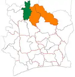 Location of Bagoué Region (green) in Ivory Coast and in Savanes District