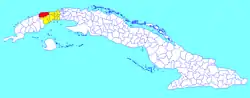 Bahía Honda municipality (red) within  Artemisa Province (yellow) and Cuba