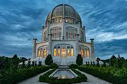 A front facing shot of the House of Worship in Wilmette, IL at dusk.