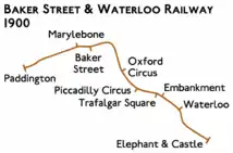 Route diagram showing line running from Paddington at left to Elephant & Castle at bottom right